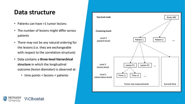 Data structure
• Patients can have >1 tumor lesions
• The number of lesions might differ across
patients
• There may not be any natural ordering for
the lesions (i.e. they are exchangeable
with respect to the correlation structure)
• Data contains a three-level hierarchical
structure in which the longitudinal
outcome (lesion diameter) is observed at:
• time points < lesions < patients
5
