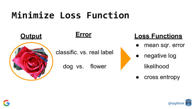 @nyghtowl
Minimize Loss Function
Loss Functions
● mean sqr. error
● negative log
likelihood
● cross entropy
Error
classific. vs. real label
dog vs. flower
Output
