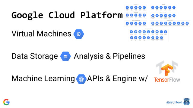 @nyghtowl
Google Cloud Platform
Virtual Machines
Data Storage Analysis & Pipelines
Machine Learning APIs & Engine w/
