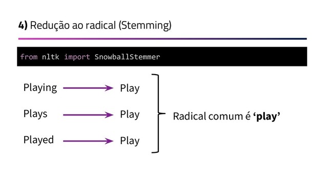 4) Redução ao radical (Stemming)
Playing
Plays
Played
Play
Play
Play
Radical comum é ‘play’
from nltk import SnowballStemmer

