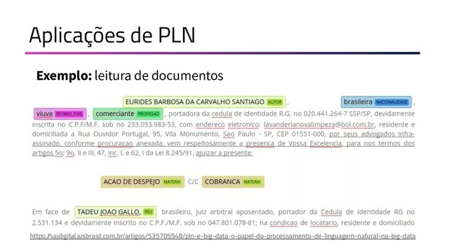 Aplicações de PLN
Exemplo: leitura de documentos
https:/
/sajdigital.jusbrasil.com.br/artigos/535705948/pln-e-big-data-o-papel-do-processamento-de-linguagem-natural-na-big-data
