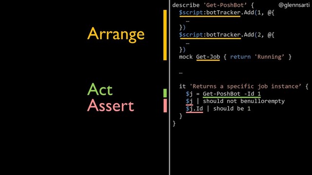 @glennsarti
describe 'Get-PoshBot’ {
$script:botTracker.Add(1, @{
…
})
$script:botTracker.Add(2, @{
…
})
mock Get-Job { return 'Running’ }
…
it 'Returns a specific job instance’ {
$j = Get-PoshBot -Id 1
$j | should not benullorempty
$j.Id | should be 1
}
}
Act
Assert
Arrange
