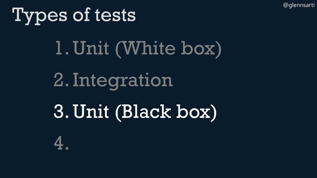 @glennsarti
1.Unit (White box)
2.Integration
3.Unit (Black box)
4.
Types of tests
