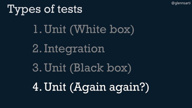 @glennsarti
1.Unit (White box)
2.Integration
3.Unit (Black box)
4.Unit (Again again?)
Types of tests
