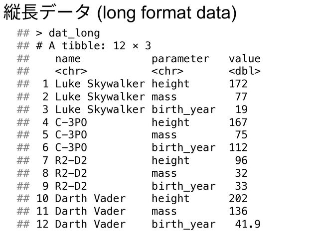 縦⻑データ (long format data)
## > dat_long
## # A tibble: 12 × 3
## name parameter value
##   
## 1 Luke Skywalker height 172
## 2 Luke Skywalker mass 77
## 3 Luke Skywalker birth_year 19
## 4 C-3PO height 167
## 5 C-3PO mass 75
## 6 C-3PO birth_year 112
## 7 R2-D2 height 96
## 8 R2-D2 mass 32
## 9 R2-D2 birth_year 33
## 10 Darth Vader height 202
## 11 Darth Vader mass 136
## 12 Darth Vader birth_year 41.9

