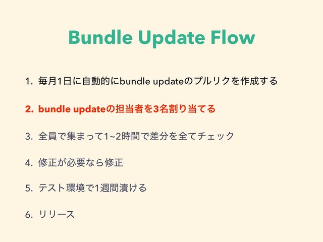 Bundle Update Flow
1. ຖ݄1೔ʹࣗಈతʹbundle updateͷϓϧϦΫΛ࡞੒͢Δ
2. bundle updateͷ୲౰ऀΛ3ׂ໊Γ౰ͯΔ
3. શһͰू·ͬͯ1~2࣌ؒͰࠩ෼ΛશͯνΣοΫ
4. मਖ਼͕ඞཁͳΒमਖ਼
5. ςετ؀ڥͰ1िؒ௮͚Δ
6. ϦϦʔε
