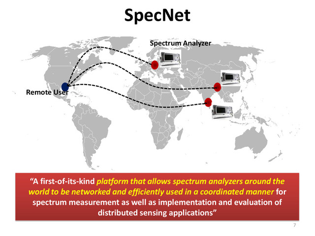 Remote User
Spectrum Analyzer
“A first-of-its-kind platform that allows spectrum analyzers around the
world to be networked and efficiently used in a coordinated manner for
spectrum measurement as well as implementation and evaluation of
distributed sensing applications”
SpecNet
7
