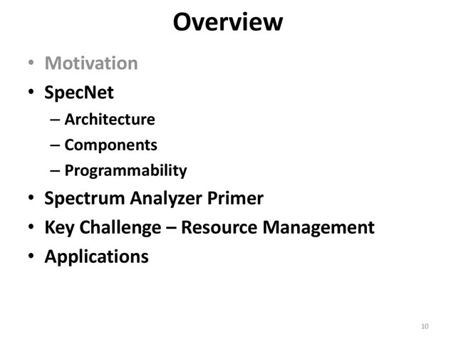 • Motivation
• SpecNet
– Architecture
– Components
– Programmability
• Spectrum Analyzer Primer
• Key Challenge – Resource Management
• Applications
Overview
10
