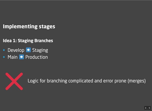 Implementing stages
Idea 1: Staging Branches
• Develop Staging
• Main Production




Logic for branching complicated and error prone (merges)
4
 . 
5
