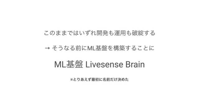 ͜ͷ··Ͱ͸͍ͣΕ։ൃ΋ӡ༻΋ഁ୼͢Δ
→ ͦ͏ͳΔલʹMLج൫Λߏங͢Δ͜ͱʹ
MLج൫ Livesense Brain
※ͱΓ͋͑ͣ࠷ॳʹ໊લ͚ܾͩΊͨ
