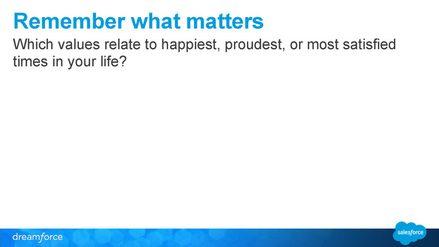 Remember what matters
Which values relate to happiest, proudest, or most satisfied
times in your life?
