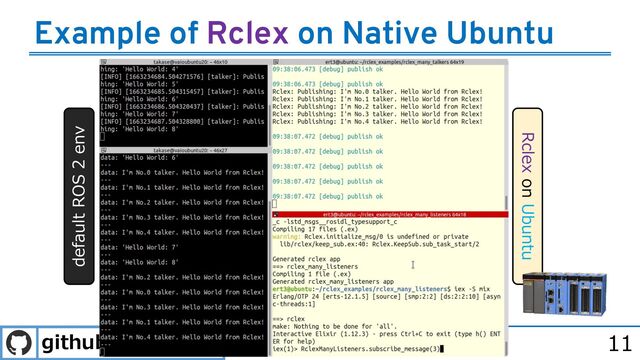 github.com/rclex 11
Example of Rclex on Native Ubuntu
default ROS 2 env
Rclex on Ubuntu
