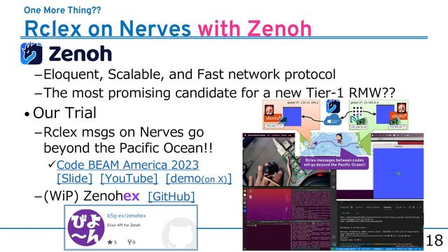 18
One More Thing??
Rclex on Nerves with Zenoh
Eloquent, Scalable, and Fast network protocol
The most promising candidate for a new Tier-1 RMW??
• Our Trial
Rclex msgs on Nerves go
beyond the Pacific Ocean!!
üCode BEAM America 2023
[Slide] [YouTube] [demo(on X)]
(WiP) Zenohex [GitHub]
global IP: 23.185.0.4
global IP: 133.11.194.2
SFO
TYO
192.168.10.10 192.168.10.??
192.168.??.??
Rclex messages between nodes
will go beyond the Pacific Ocean!!
