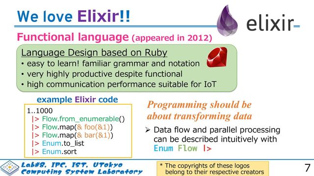 * The copyrights of these logos
belong to their respective creators
Language Design based on Ruby
• easy to learn! familiar grammar and notation
• very highly productive despite functional
• high communication performance suitable for IoT
Programming should be
about transforming data
.1 1 ( 0 ) .
.1 ) 11
.1 ) )
&0 1(.
&0 1
example Elixir code
Ø Data flow and parallel processing
can be described intuitively with
Enum Flow |>
We love Elixir!!
Functional language (appeared in 2012)
7

