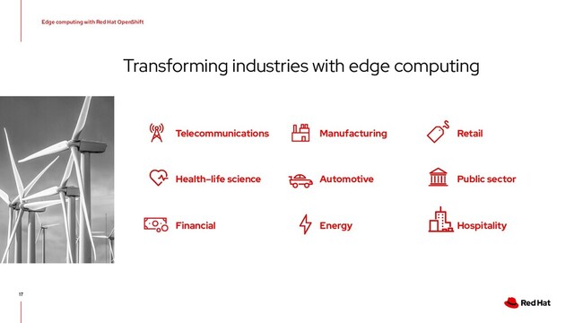 17
Transforming industries with edge computing
Telecommunications
Health–life science
Manufacturing
Automotive
Retail
Public sector
Financial Energy Hospitality
Edge computing with Red Hat OpenShift
