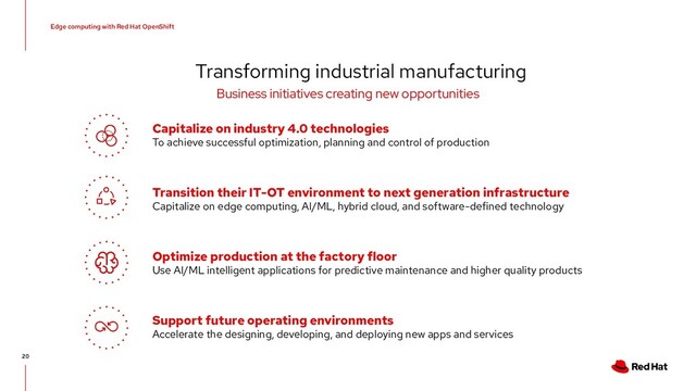 Edge computing with Red Hat OpenShift
20
Transforming industrial manufacturing
Capitalize on industry 4.0 technologies
To achieve successful optimization, planning and control of production
Transition their IT-OT environment to next generation infrastructure
Capitalize on edge computing, AI/ML, hybrid cloud, and software-defined technology
Optimize production at the factory floor
Use AI/ML intelligent applications for predictive maintenance and higher quality products
Support future operating environments
Accelerate the designing, developing, and deploying new apps and services
Business initiatives creating new opportunities

