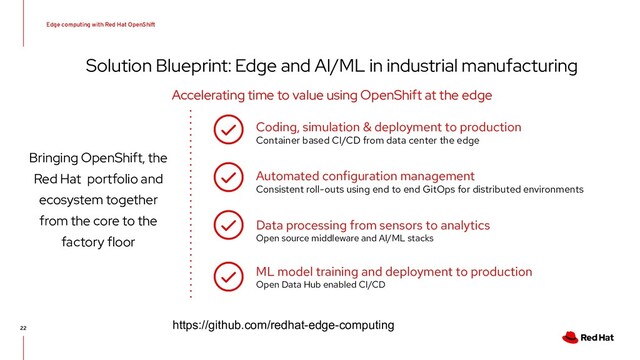 Edge computing with Red Hat OpenShift
22
Solution Blueprint: Edge and AI/ML in industrial manufacturing
Accelerating time to value using OpenShift at the edge
Coding, simulation & deployment to production
Container based CI/CD from data center the edge
Automated configuration management
Consistent roll-outs using end to end GitOps for distributed environments
Data processing from sensors to analytics
Open source middleware and AI/ML stacks
ML model training and deployment to production
Open Data Hub enabled CI/CD
Bringing OpenShift, the
Red Hat portfolio and
ecosystem together
from the core to the
factory floor
https://github.com/redhat-edge-computing
