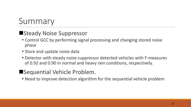 Summary
nSteady Noise Suppressor
• Control GCC by performing signal processing and changing stored noise
phase
• Store and update noise data
• Detector with steady noise suppressor detected vehicles with F-measures
of 0.92 and 0.90 in normal and heavy rain conditions, respectively.
nSequential Vehicle Problem.
• Need to improve detection algorithm for the sequential vehicle problem
13
