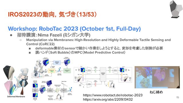 IROS2023の動向，気づき（13/53）
Workshop: RoboTac 2023 (October 1st, Full-Day)
● 招待講演：Nima Fazeli (ミシガン大学)
○ Manipulation via Membranes: High-Resolution and Highly Deformable Tactile Sensing and
Control (CoRL’22)
■ deformable素材のsensorで細かい作業をしようとすると，変形を考慮した制御が必要
■ 膜ハンド（Soft Bubble）のMPC（Model Predictive Control）
15
ねじ締め
https://www.robotact.de/robotac-2023
https://arxiv.org/abs/2209.13432

