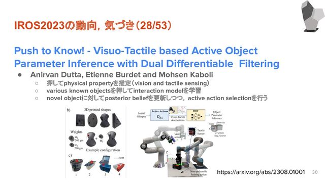 IROS2023の動向，気づき（28/53）
Push to Know! - Visuo-Tactile based Active Object
Parameter Inference with Dual Diﬀerentiable Filtering
● Anirvan Dutta, Etienne Burdet and Mohsen Kaboli
○ 押してphysical propertyを推定（vision and tactile sensing）
○ various known objectsを押してinteraction modelを学習
○ novel objectに対してposterior beliefを更新しつつ，active action selectionを行う
30
https://arxiv.org/abs/2308.01001
