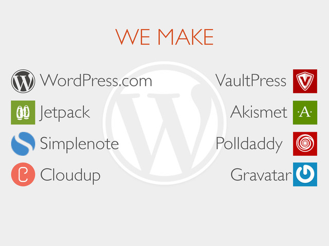 WE MAKE
	
 	
 WordPress.com	

	
 	
 Jetpack	

	
 	
 Simplenote	

	
 	
 Cloudup 
 
VaultPress	
	
 	
 	

Akismet	
	
 	
 	

Polldaddy 	

	

Gravatar	
 	

