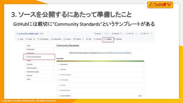 Copyright (C) 2023 Toranoana Inc. All Rights Reserved.
3. ソースを公開するにあたって準備したこと
17
GitHubには親切に”Community Standards”というテンプレートがある
