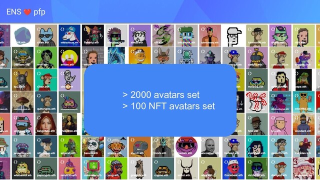ENS ❤ pfp
> 2000 avatars set
> 100 NFT avatars set
