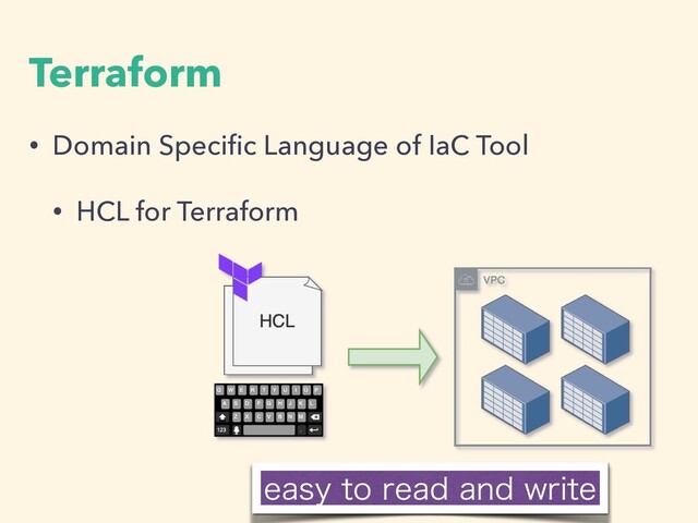 Terraform
• Domain Speci
fi
c Language of IaC Tool


• HCL for Terraform
FBTZUPSFBEBOEXSJUF
