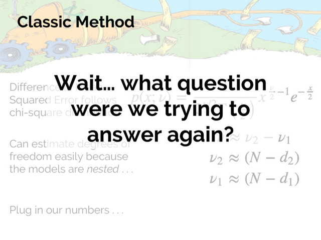 Classic Method
Can estimate degrees of
freedom easily because
the models are nested . . .
Difference in Mean
Squared Error follows
chi-square distribution:
Plug in our numbers . . .
Wait… what question
were we trying to
answer again?
