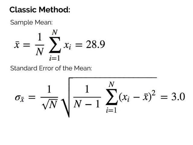Classic Method:
Sample Mean:
Standard Error of the Mean:
