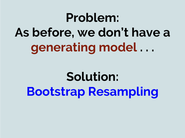 Problem:
As before, we don’t have a
generating model . . .
Solution:
Bootstrap Resampling
