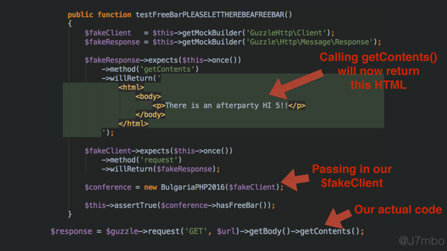 Calling getContents()
will now return
this HTML
Passing in our
$fakeClient
@J7mbo
Our actual code
