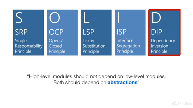“High-level modules should not depend on low-level modules.
Both should depend on abstractions”
@J7mbo
