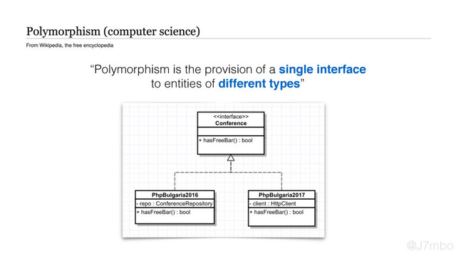 “Polymorphism is the provision of a single interface
to entities of different types”
@J7mbo
