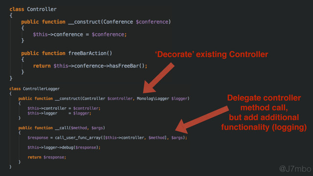 ‘Decorate’ existing Controller
Delegate controller
method call, 
but add additional
functionality (logging)
@J7mbo
