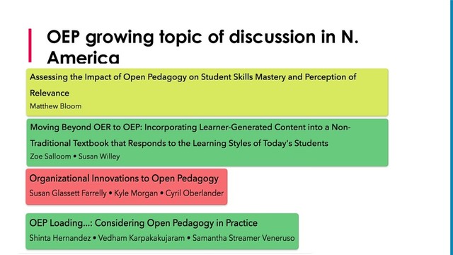 OEP growing topic of discussion in N.
America
Sessions at Open Education Conference 2017
Sessions at Open Education
conference 2017
