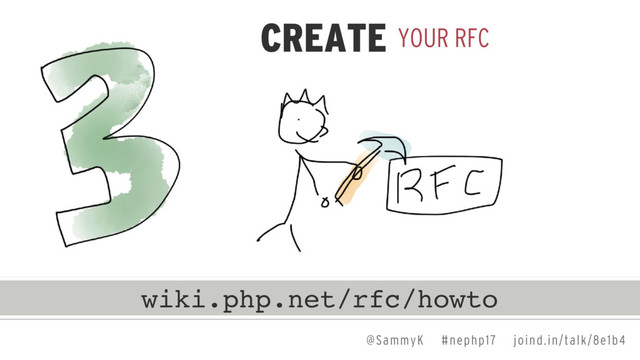 @SammyK #nephp17 joind.in/talk/8e1b4
YOUR RFC
CREATE
wiki.php.net/rfc/howto
