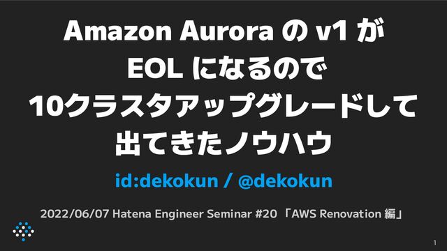 Amazon Aurora の v1 が
EOL になるので
10クラスタアップグレードして
出てきたノウハウ
id:dekokun / @dekokun
2022/06/07 Hatena Engineer Seminar #20 「AWS Renovation 編」
1
