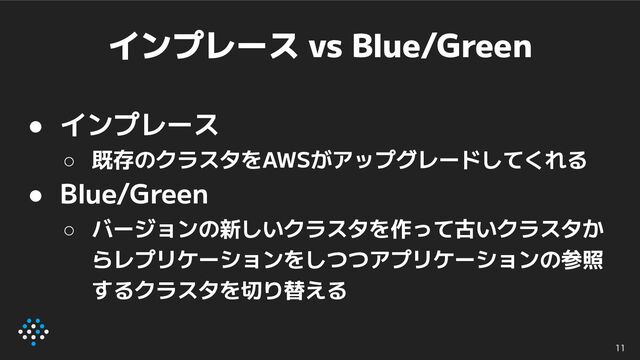 インプレース vs Blue/Green
● インプレース
○ 既存のクラスタをAWSがアップグレードしてくれる
● Blue/Green
○ バージョンの新しいクラスタを作って古いクラスタか
らレプリケーションをしつつアプリケーションの参照
するクラスタを切り替える
11

