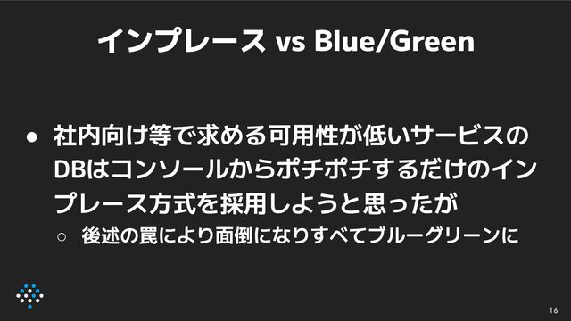 インプレース vs Blue/Green
● 社内向け等で求める可用性が低いサービスの
DBはコンソールからポチポチするだけのイン
プレース方式を採用しようと思ったが
○ 後述の罠により面倒になりすべてブルーグリーンに
16
