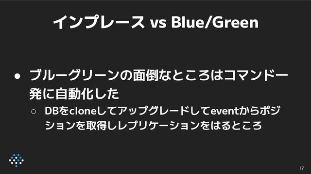 インプレース vs Blue/Green
● ブルーグリーンの面倒なところはコマンド一
発に自動化した
○ DBをcloneしてアップグレードしてeventからポジ
ションを取得しレプリケーションをはるところ
17
