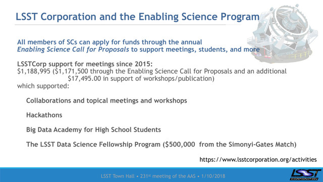 LSST Town Hall • 231st meeting of the AAS • 1/10/2018
All members of SCs can apply for funds through the annual
Enabling Science Call for Proposals to support meetings, students, and more
LSSTCorp support for meetings since 2015:
$1,188,995 ($1,171,500 through the Enabling Science Call for Proposals and an additional
$17,495.00 in support of workshops/publication)
which supported:
Collaborations and topical meetings and workshops
Hackathons
Big Data Academy for High School Students
The LSST Data Science Fellowship Program ($500,000 from the Simonyi-Gates Match)
LSST Corporation and the Enabling Science Program
https://www.lsstcorporation.org/activities
