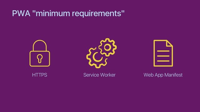 PWA "minimum requirements"
HTTPS Service Worker Web App Manifest
