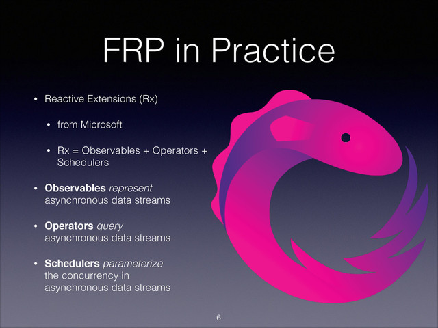 FRP in Practice
• Reactive Extensions (Rx)
• from Microsoft
• Rx = Observables + Operators +
Schedulers
• Observables represent
asynchronous data streams
• Operators query  
asynchronous data streams
• Schedulers parameterize 
the concurrency in 
asynchronous data streams
!6
