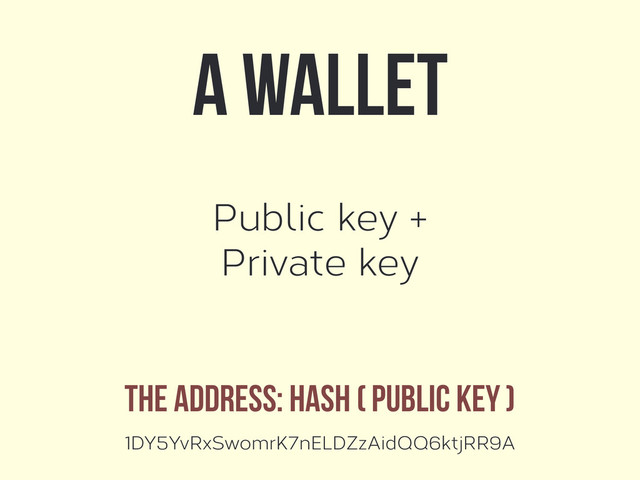Public key +
Private key
A wallet
The address: hash ( public key )
1DY5YvRxSwomrK7nELDZzAidQQ6ktjRR9A
