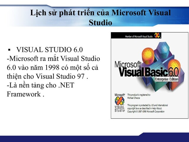 Lịch sử phát triển của Microsoft Visual
Studio
▪ VISUAL STUDIO 6.0
-Microsoft ra mắt Visual Studio
6.0 vào năm 1998 có một số cả
thiện cho Visual Studio 97 .
-Là nền tảng cho .NET
Framework .
