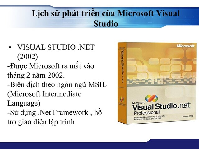 Lịch sử phát triển của Microsoft Visual
Studio
▪ VISUAL STUDIO .NET
(2002)
-Được Microsoft ra mắt vào
tháng 2 năm 2002.
-Biên dịch theo ngôn ngữ MSIL
(Microsoft Intermediate
Language)
-Sử dụng .Net Framework , hỗ
trợ giao diện lập trình
