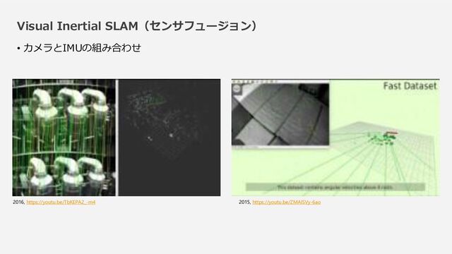 Visual Inertial SLAM（センサフュージョン）
2016, https://youtu.be/TbKEPA2_-m4 2015, https://youtu.be/ZMAISVy-6ao
• カメラとIMUの組み合わせ
