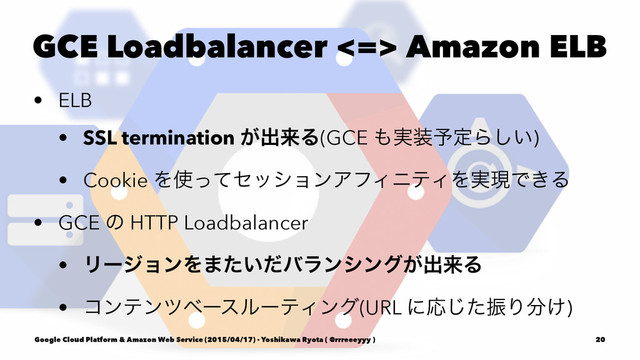 GCE Loadbalancer <=> Amazon ELB
• ELB
• SSL termination ͕ग़དྷΔ(GCE ΋࣮૷༧ఆΒ͍͠)
• Cookie Λ࢖ͬͯηογϣϯΞϑΟχςΟΛ࣮ݱͰ͖Δ
• GCE ͷ HTTP Loadbalancer
• ϦʔδϣϯΛ·͍ͨͩόϥϯγϯά͕ग़དྷΔ
• ίϯςϯπϕʔεϧʔςΟϯά(URL ʹԠͨ͡ৼΓ෼͚)
Google Cloud Platform & Amazon Web Service (2015/04/17) - Yoshikawa Ryota ( @rrreeeyyy ) 20
